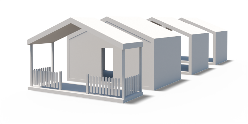 3D-Darstellung der 3 Grundmodule mit zusätzlicher Terrasse